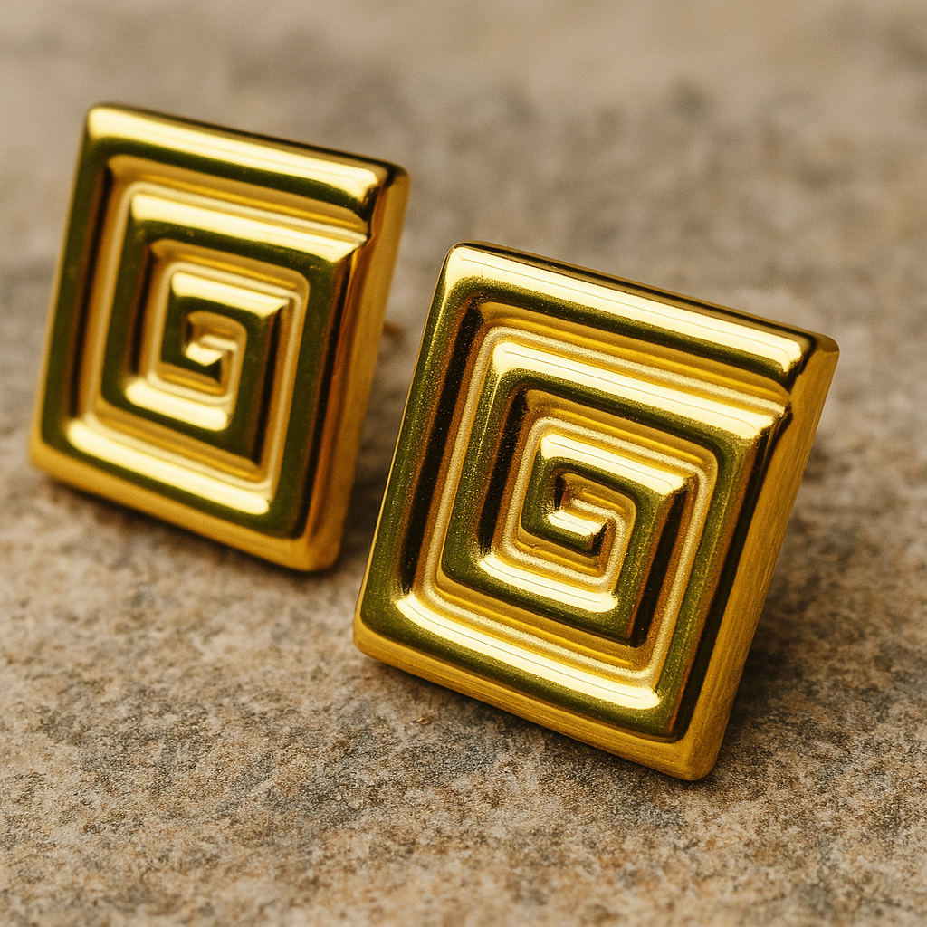 Fefi Earrings | 18K Gold Plated Statement Studs | Waterproof Geometric Jewelry | Square Spiral Earrings |