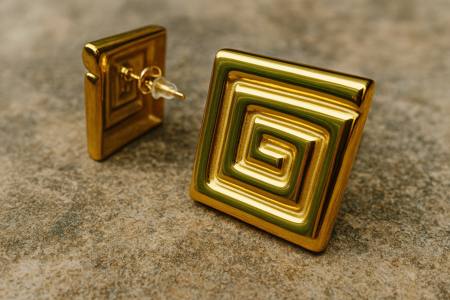 Fefi Earrings | 18K Gold Plated Statement Studs | Waterproof Geometric Jewelry | Square Spiral Earrings |