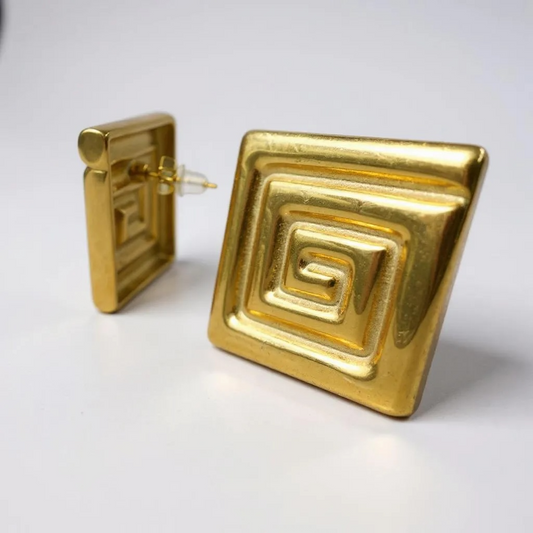 Fefi Earrings | 18K Gold Plated Statement Studs | Waterproof Geometric Jewelry | Square Spiral Earrings |